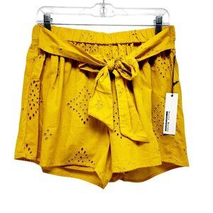 Yellow Eyelet Cotton High-Waisted Shorts With Tie Belt  Size L  Haute Mode